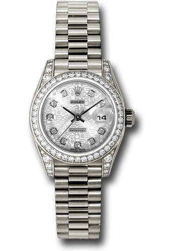 *Pre-Owned* Rolex White Gold Lady-Datejust 26 Watch - 42 Diamond Bezel - Silver Jubilee Diamond Dial - President Bracelet