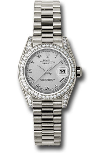 *Pre-Owned* Rolex White Gold Lady-Datejust 26 Watch - 42 Diamond Bezel - Silver Roman Dial - President Bracelet