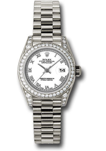 *Pre-Owned* Rolex White Gold Lady-Datejust 26 Watch - 42 Diamond Bezel - White Roman Dial - President Bracelet