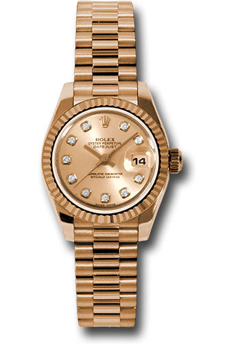 *Pre-Owned* Rolex Pink Gold Lady-Datejust 26 Watch - Fluted Bezel - Pink Champagne Diamond Dial - President Bracelet