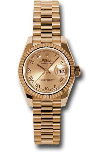 *Pre-Owned* Rolex Pink Gold Lady-Datejust 26 Watch - Fluted Bezel - Champagne Roman Dial - President Bracelet