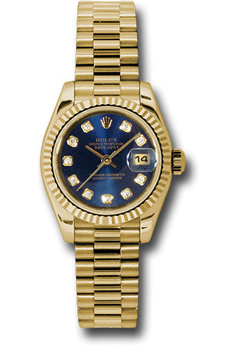 *Pre-Owned* Rolex Yellow Gold Lady-Datejust 26 Watch - Fluted Bezel - Blue Diamond Dial - President Bracelet
