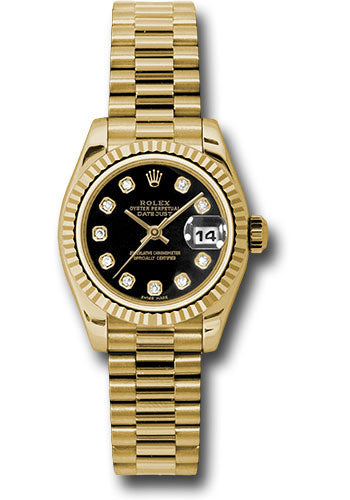 *Pre-Owned* Rolex Yellow Gold Lady-Datejust 26 Watch - Fluted Bezel - Black Diamond Dial - President Bracelet