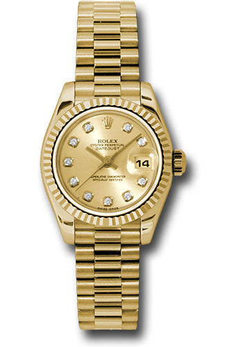 *Pre-Owned* Rolex Yellow Gold Lady-Datejust 26 Watch - Fluted Bezel - Champagne Diamond Dial - President Bracelet