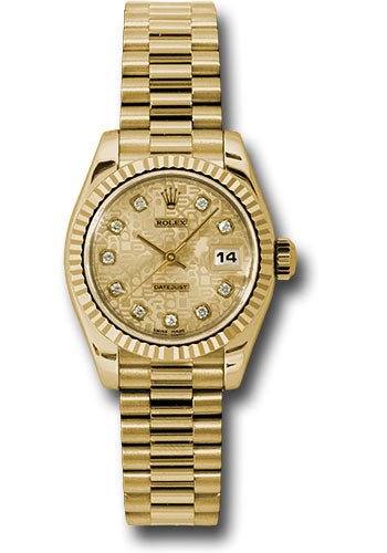 *Pre-Owned* Rolex Yellow Gold Lady-Datejust 26 Watch - Fluted Bezel - Champagne Jubilee Diamond Dial - President Bracelet