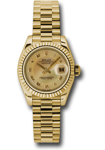 *Pre-Owned* Rolex Yellow Gold Lady-Datejust 26 Watch - Fluted Bezel - Champagne Decorated Mother-Of-Pearl Roman Dial - President Bracelet