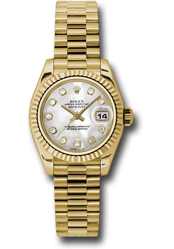 *Pre-Owned* Rolex Yellow Gold Lady-Datejust 26 Watch - Fluted Bezel - Mother-Of-Pearl Diamond Dial - President Bracelet