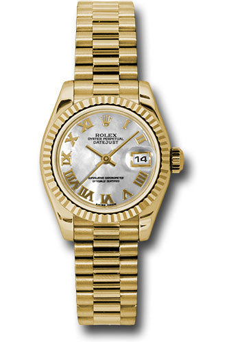 *Pre-Owned* Rolex Yellow Gold Lady-Datejust 26 Watch - Fluted Bezel - Mother-Of-Pearl Roman Dial - President Bracelet