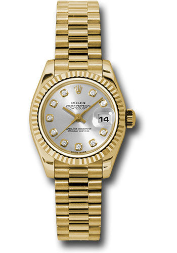 *Pre-Owned* Rolex Yellow Gold Lady-Datejust 26 Watch - Fluted Bezel - Silver Diamond Dial - President Bracelet