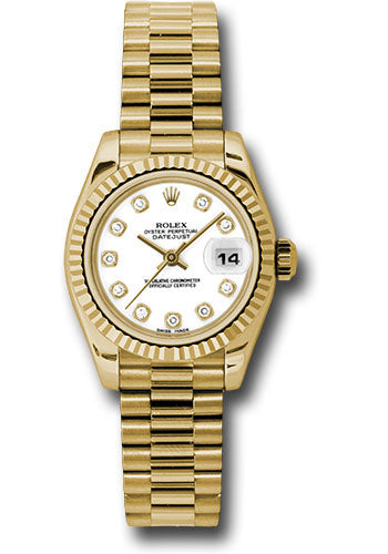 *Pre-Owned* Rolex Yellow Gold Lady-Datejust 26 Watch - Fluted Bezel - White Diamond Dial - President Bracelet