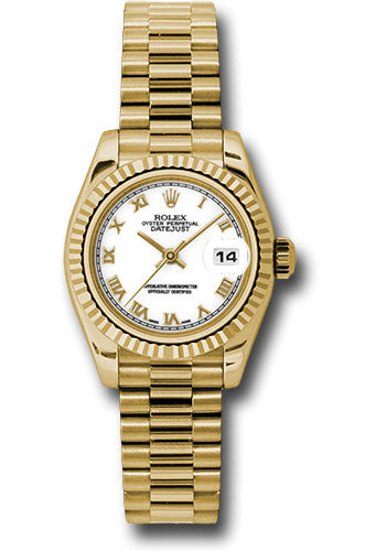 *Pre-Owned* Rolex Yellow Gold Lady-Datejust 26 Watch - Fluted Bezel - White Roman Dial - President Bracelet