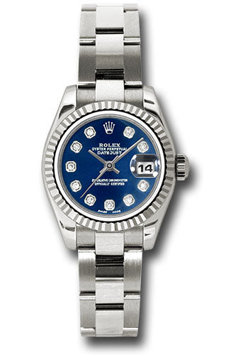 *Pre-Owned* Rolex White Gold Lady-Datejust 26 Watch - Fluted Bezel - Blue Diamond Dial - Oyster Bracelet