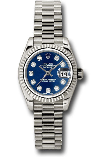*Pre-Owned* Rolex White Gold Lady-Datejust 26 Watch - Fluted Bezel - Blue Diamond Dial - President Bracelet