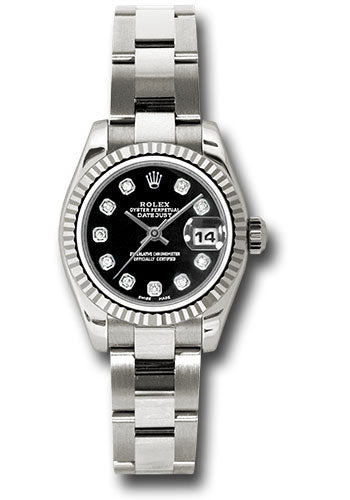 *Pre-Owned* Rolex White Gold Lady-Datejust 26 Watch - Fluted Bezel - Black Diamond Dial - Oyster Bracelet