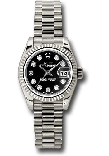 *Pre-Owned* Rolex White Gold Lady-Datejust 26 Watch - Fluted Bezel - Black Diamond Dial - President Bracelet