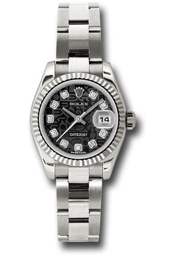 *Pre-Owned* Rolex White Gold Lady-Datejust 26 Watch - Fluted Bezel - Black Jubilee Diamond Dial - Oyster Bracelet
