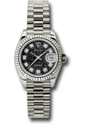 *Pre-Owned* Rolex White Gold Lady-Datejust 26 Watch - Fluted Bezel - Black Jubilee Diamond Dial - President Bracelet