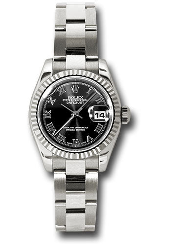 *Pre-Owned* Rolex White Gold Lady-Datejust 26 Watch - Fluted Bezel - Black Roman Dial - Oyster Bracelet