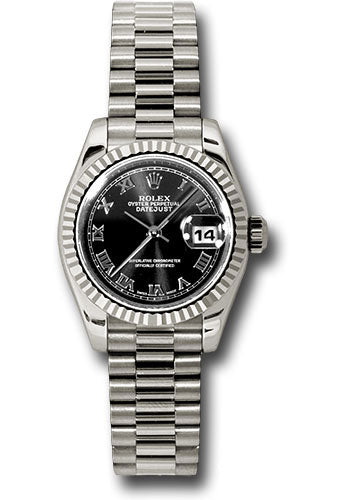 *Pre-Owned* Rolex White Gold Lady-Datejust 26 Watch - Fluted Bezel - Black Roman Dial - President Bracelet