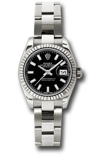 *Pre-Owned* Rolex White Gold Lady-Datejust 26 Watch - Fluted Bezel - Black Index Dial - Oyster Bracelet