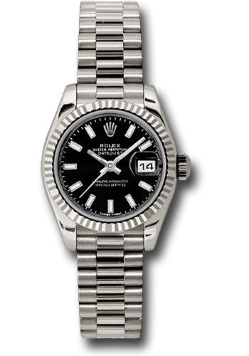 *Pre-Owned* Rolex White Gold Lady-Datejust 26 Watch - Fluted Bezel - Black Index Dial - President Bracelet