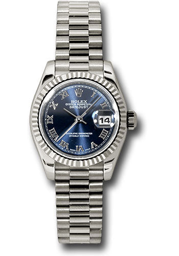 *Pre-Owned* Rolex White Gold Lady-Datejust 26 Watch - Fluted Bezel - Blue Roman Dial - President Bracelet