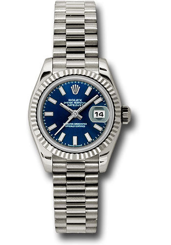 *Pre-Owned* Rolex White Gold Lady-Datejust 26 Watch - Fluted Bezel - Blue Index Dial - President Bracelet