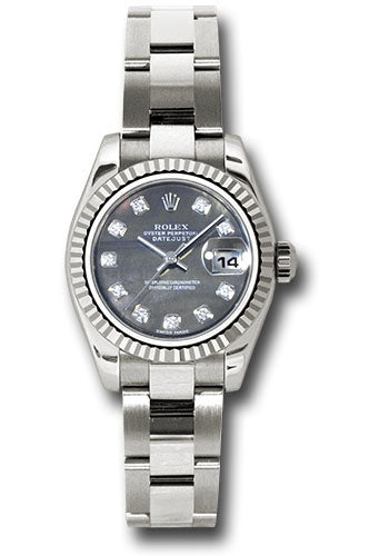 *Pre-Owned* Rolex White Gold Lady-Datejust 26 Watch - Fluted Bezel - Black Mother-Of-Pearl Diamond Dial - Oyster Bracelet