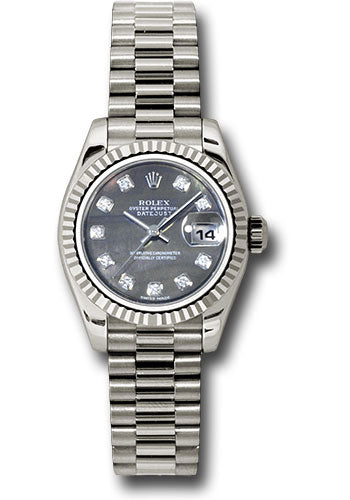 *Pre-Owned* Rolex White Gold Lady-Datejust 26 Watch - Fluted Bezel - Black Mother-Of-Pearl Diamond Dial - President Bracelet