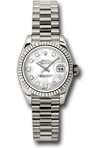 *Pre-Owned* Rolex White Gold Lady-Datejust 26 Watch - Fluted Bezel - Mother-Of-Pearl Diamond Dial - President Bracelet