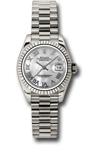 *Pre-Owned* Rolex White Gold Lady-Datejust 26 Watch - Fluted Bezel - Mother-Of-Pearl Roman Dial - President Bracelet