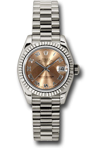 *Pre-Owned* Rolex White Gold Lady-Datejust 26 Watch - Fluted Bezel - Pink Roman Dial - President Bracelet