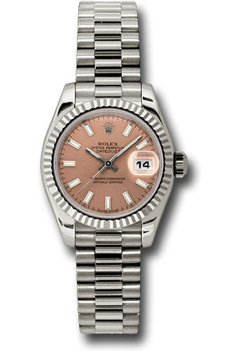 *Pre-Owned* Rolex White Gold Lady-Datejust 26 Watch - Fluted Bezel - Pink Index Dial - President Bracelet