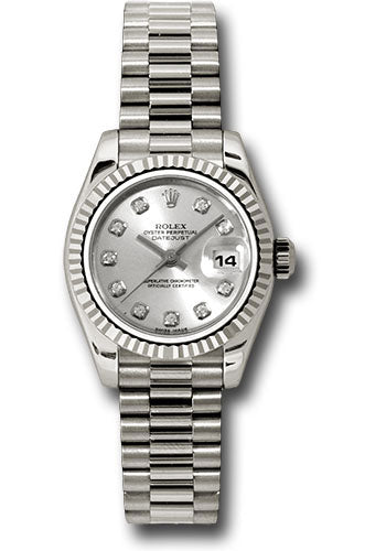 *Pre-Owned* Rolex White Gold Lady-Datejust 26 Watch - Fluted Bezel - Silver Diamond Dial - President Bracelet