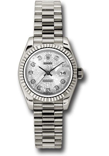 *Pre-Owned* Rolex White Gold Lady-Datejust 26 Watch - Fluted Bezel - Silver Jubilee Diamond Dial - President Bracelet