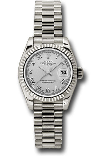 *Pre-Owned* Rolex White Gold Lady-Datejust 26 Watch - Fluted Bezel - Silver Roman Dial - President Bracelet