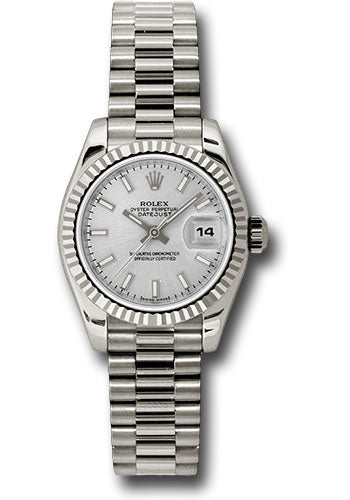 *Pre-Owned* Rolex White Gold Lady-Datejust 26 Watch - Fluted Bezel - Silver Index Dial - President Bracelet