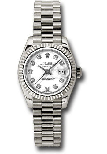 *Pre-Owned* Rolex White Gold Lady-Datejust 26 Watch - Fluted Bezel - White Diamond Dial - President Bracelet