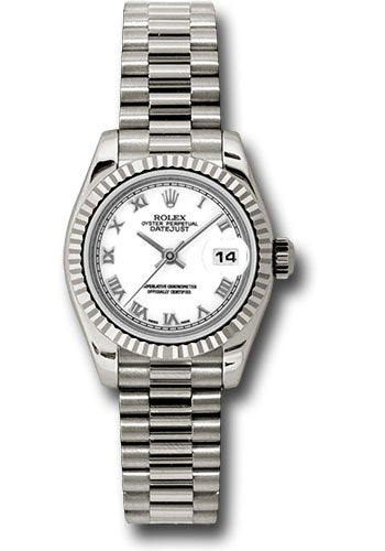 *Pre-Owned* Rolex White Gold Lady-Datejust 26 Watch - Fluted Bezel - White Roman Dial - President Bracelet