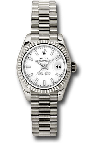 *Pre-Owned* Rolex White Gold Lady-Datejust 26 Watch - Fluted Bezel - White Index Dial - President Bracelet