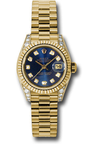 *Pre-Owned* Rolex Yellow Gold Lady-Datejust 26 Watch - Fluted Bezel - Blue Diamond Dial - President Bracelet