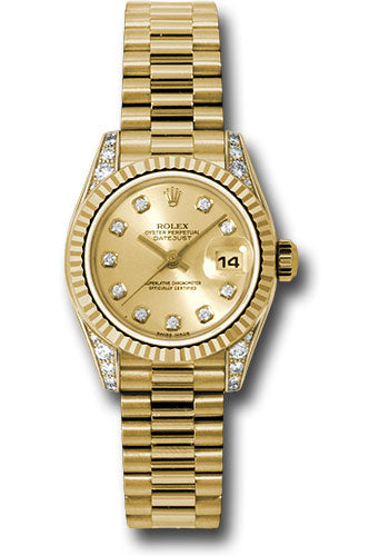 *Pre-Owned* Rolex Yellow Gold Lady-Datejust 26 Watch - Fluted Bezel - Champagne Diamond Dial - President Bracelet