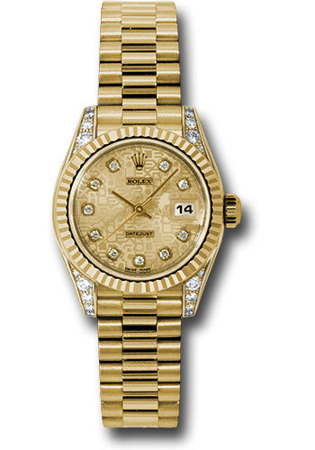 *Pre-Owned* Rolex Yellow Gold Lady-Datejust 26 Watch - Fluted Bezel - Champagne Jubilee Diamond Dial - President Bracelet