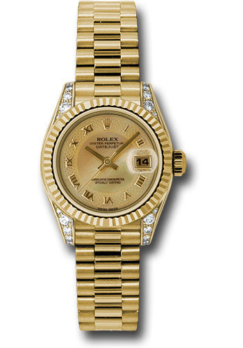 *Pre-Owned* Rolex Yellow Gold Lady-Datejust 26 Watch - Fluted Bezel - Champagne Decorated Mother-Of-Pearl Roman Dial - President Bracelet