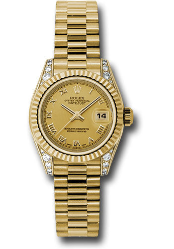 *Pre-Owned* Rolex Yellow Gold Lady-Datejust 26 Watch - Fluted Bezel - Champagne Roman Dial - President Bracelet