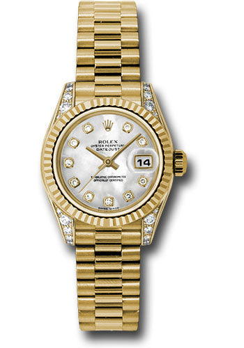 *Pre-Owned* Rolex Yellow Gold Lady-Datejust 26 Watch - Fluted Bezel - Mother-Of-Pearl Diamond Dial - President Bracelet