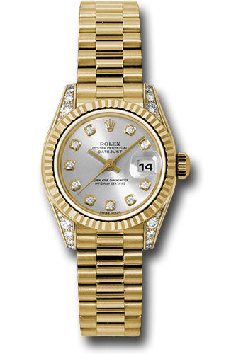 *Pre-Owned* Rolex Yellow Gold Lady-Datejust 26 Watch - Fluted Bezel - Silver Diamond Dial - President Bracelet