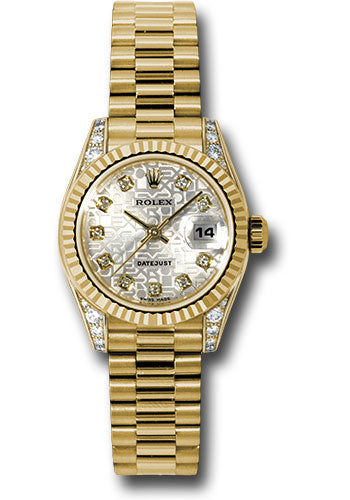 *Pre-Owned* Rolex Yellow Gold Lady-Datejust 26 Watch - Fluted Bezel - Silver Jubilee Diamond Dial - President Bracelet