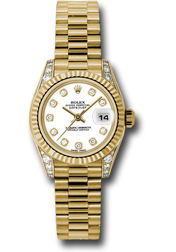 *Pre-Owned* Rolex Yellow Gold Lady-Datejust 26 Watch - Fluted Bezel - White Diamond Dial - President Bracelet