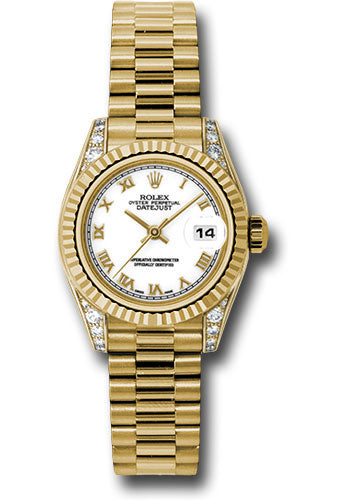 *Pre-Owned* Rolex Yellow Gold Lady-Datejust 26 Watch - Fluted Bezel - White Roman Dial - President Bracelet